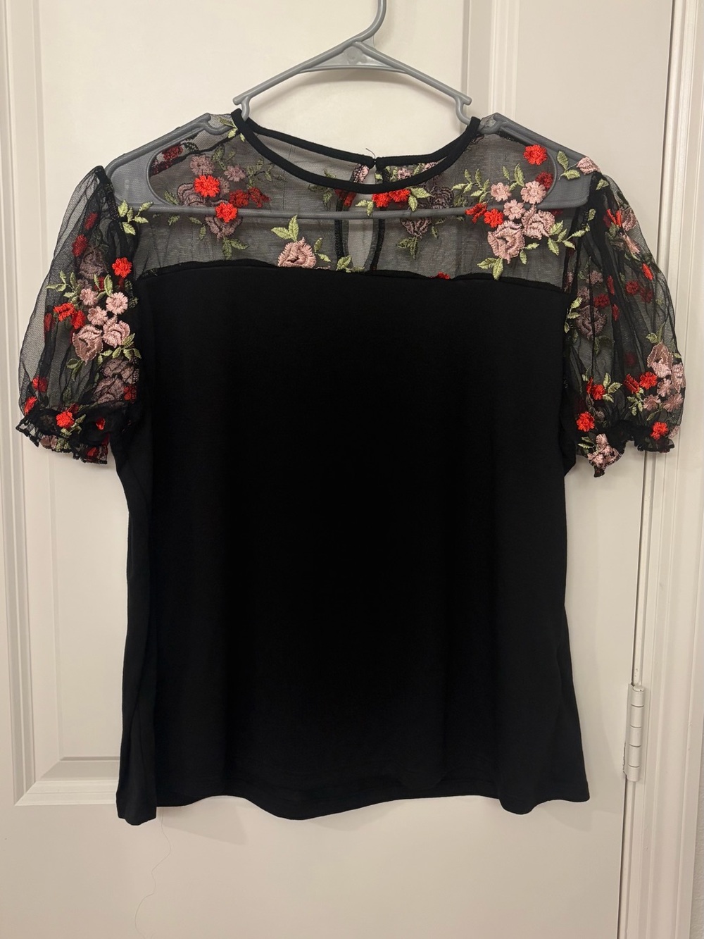 Sheer Floral Embroidered Black Puff-Sleeve Top